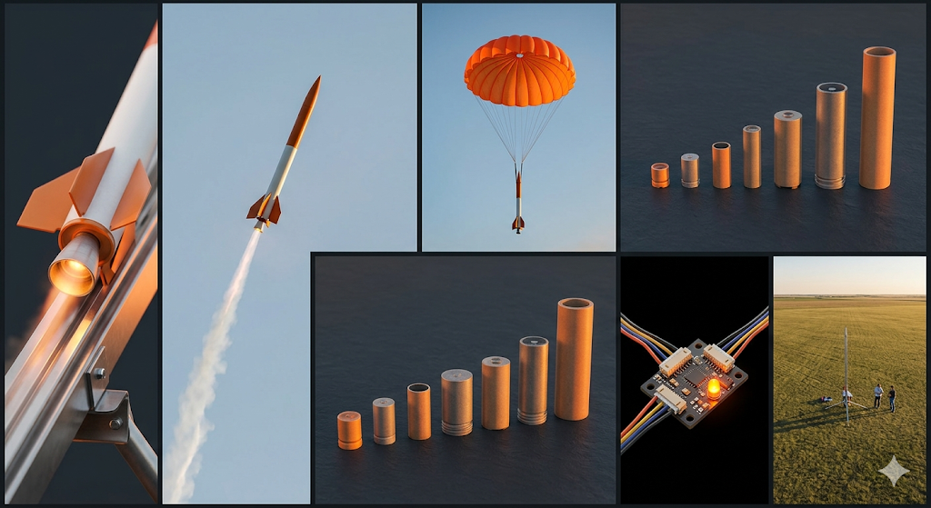 Model rocketry composite showing rocket on launch pad, powered flight, parachute recovery, motor casings, altimeter electronics, and open launch field