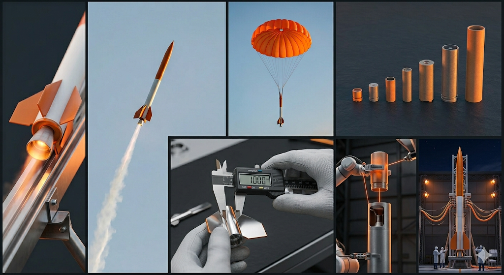 Model rocketry composite showing rocket on launch rail, powered flight trajectory, parachute recovery, motor casings by size class, precision measurement of rocket components, and large rocket on launch structure