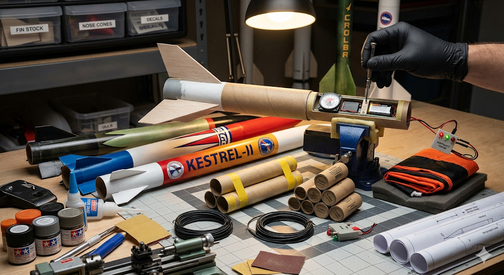 Model rocket builder's workshop showing multiple rockets, body tubes, motors, altimeter, parachute recovery gear, and build tools on a workbench
