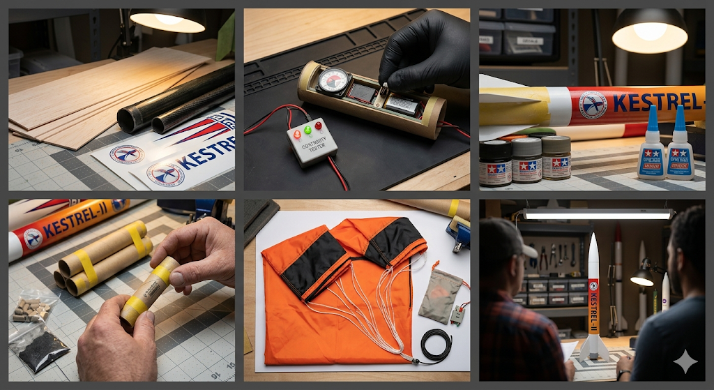 Six-panel model rocketry composite showing fin stock and body tubes, altimeter continuity testing, adhesives and finishing supplies, motor casings being installed, orange parachute recovery system, and completed rocket being reviewed